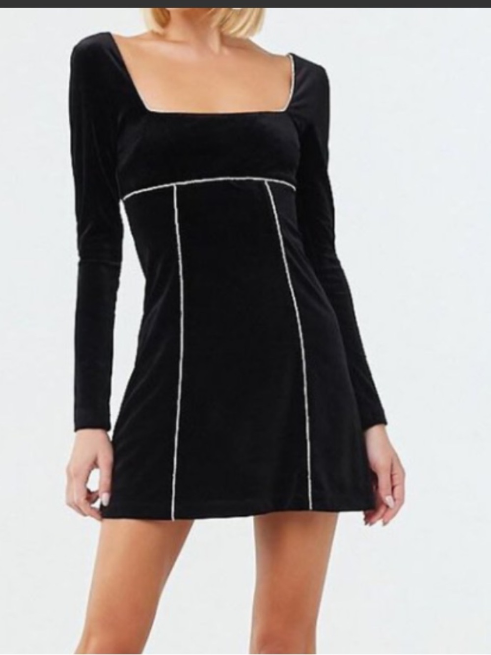 Black Velvet Long-Sleeve Dress with Rhinestone Trim
